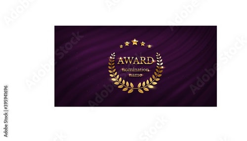 Award nomination emblem, stage in spotlight with purple curtain background. Movie award ceremony opening, celebration event, announcement vector illustration. Film theatre scene
