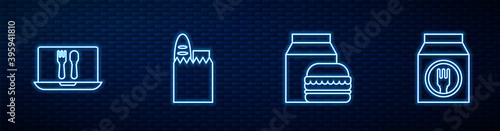 Set line Online ordering and burger delivery, , Shopping bag food and . Glowing neon icon on brick wall. Vector.