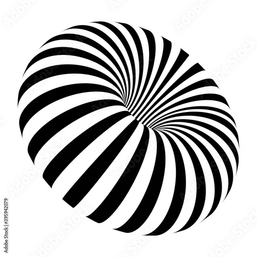 Striped torus on white background. Black stripes on modern circular geometric shape design vector illustration. Graphic optical illusion effect on object with striped pattern