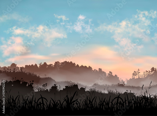 Mountain field area at the evening. Beautiful realistic sunset sky with light clouds and ground with grass, forest and hills under it. Vector silhouette horizontal illustration