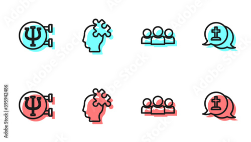 Set line Users group, Psychology, Psi, Solution to the problem and Graves funeral sorrow icon. Vector.