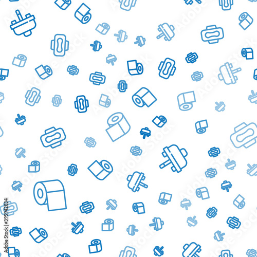 Set line Toilet paper roll, Washbasin with water tap and Sanitary napkin on seamless pattern. Vector.