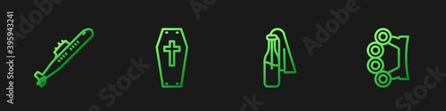 Set line Cocktail molotov, Submarine, Coffin with cross and Brass knuckles. Gradient color icons. Vector.
