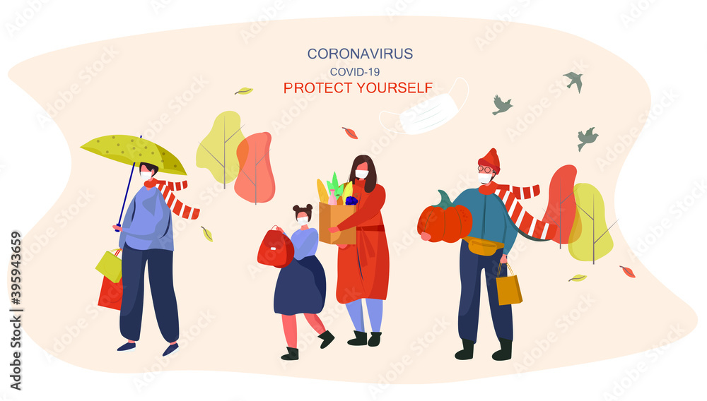 Fototapeta premium Autumn 2020 during Covid 19. Protect Yourself Outdoor.People Wearing Face Mask and Keep Distance to Prevent Coronavirus in Park.Rainy Weather under Umbrella at Fall sesons.Flat Vector Illustration