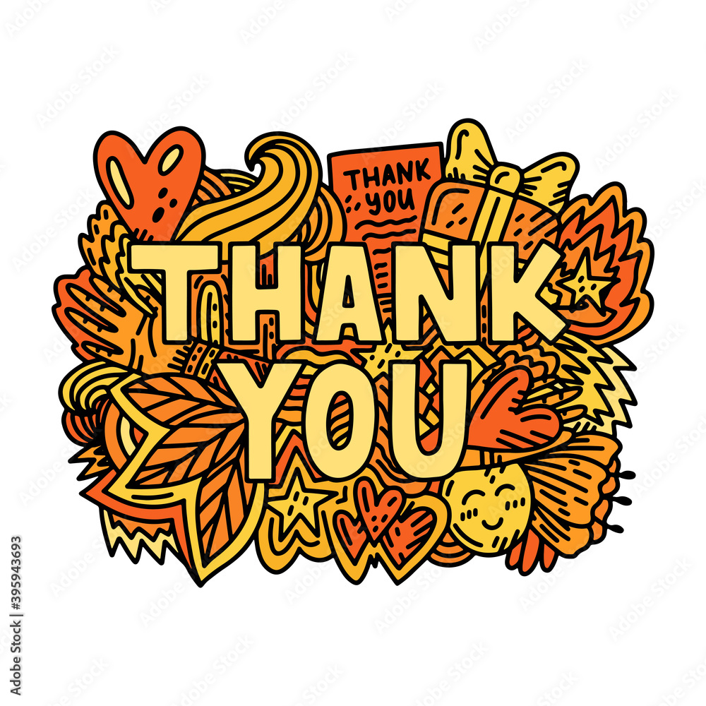 Thank you - bright red, orange and yellow lettering with doodles. Hand drawn lettering. Colourful lettering template for printing and web