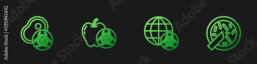 Set line GMO, Genetically modified meat, apple and Petri dish with bacteria. Gradient color icons. Vector.