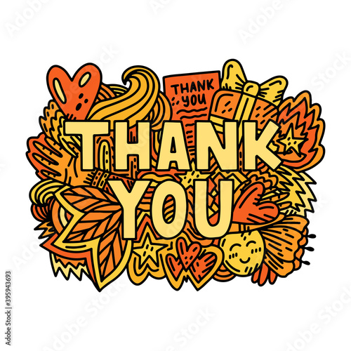Thank you - bright red, orange and yellow lettering with doodles. Hand drawn lettering. Colourful lettering template for printing and web