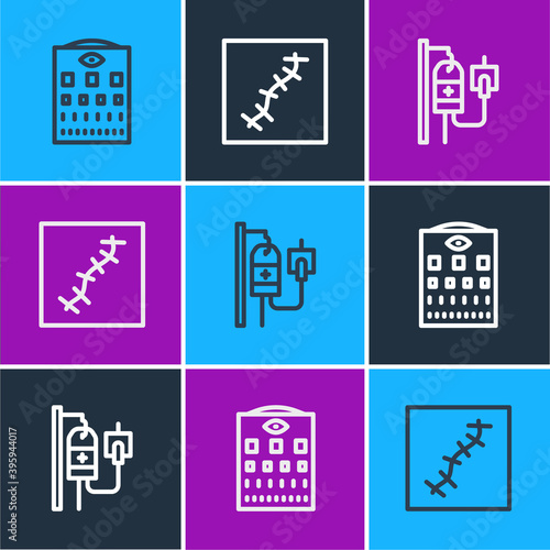 Set line Eye test chart, IV bag and Scar with suture icon. Vector.