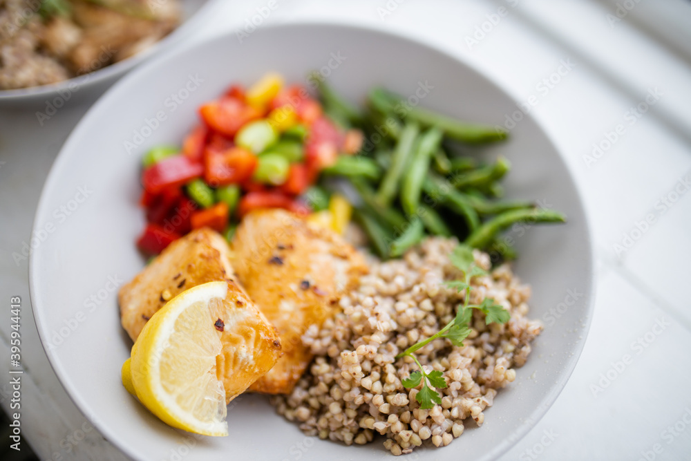 Salmon and buckwheat dish with green beans and tomato Salmon and buckwheat dish with green beans and tomato