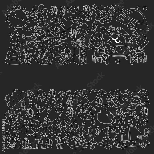 Poster with cute doodle drawing of happy kids and precepts to celebrate Children's Day. Kindergarten children.