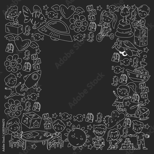 Poster with cute doodle drawing of happy kids and precepts to celebrate Children's Day. Kindergarten children.