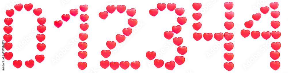 Set of digits - zero, one, two, three, four is made up of small red hearts isolated on a white background. Bright red font.