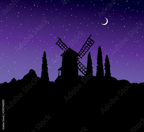 Vector drawing. The outline of the summer landscape with mill