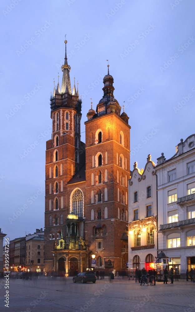 Basilica of St. Virgin mary at market square in Krakow. Poland