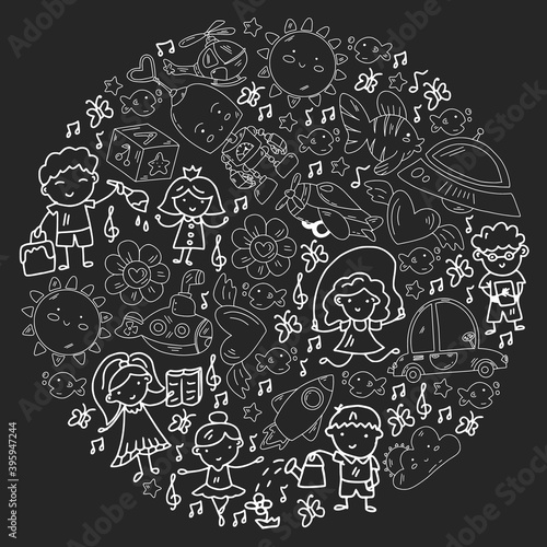 Poster with cute doodle drawing of happy kids and precepts to celebrate Children's Day. Kindergarten children.