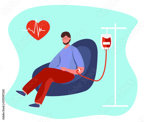 Blood Transfusion and Donate Blood.Volunteer Donating Blood and Transfusion Donation Laboratory in Coronavirus.World Blood Donor Day.Doctor Carrying Test Tubes with Lifeblood.Flat Vector Illustration
