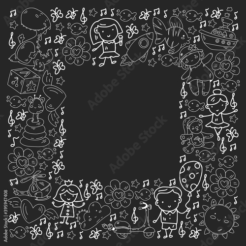 Poster with cute doodle drawing of happy kids and precepts to celebrate Children's Day. Kindergarten children.