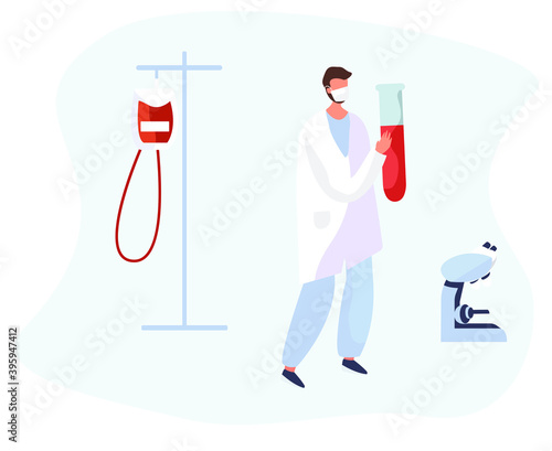 Blood Transfusion and Donate Blood.Volunteer Donating Blood and Transfusion Donation Laboratory in Coronavirus.World Blood Donor Day.Doctor Carrying Test Tubes with Lifeblood.Flat Vector Illustration