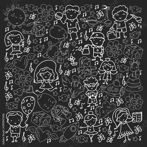 Poster with cute doodle drawing of happy kids and precepts to celebrate Children's Day. Kindergarten children.