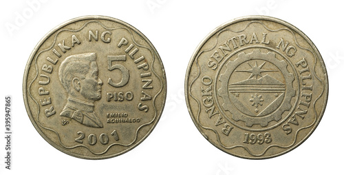5 Piso coin from Philippines of the year 2001 with the head of Emilio Aguinaldo.