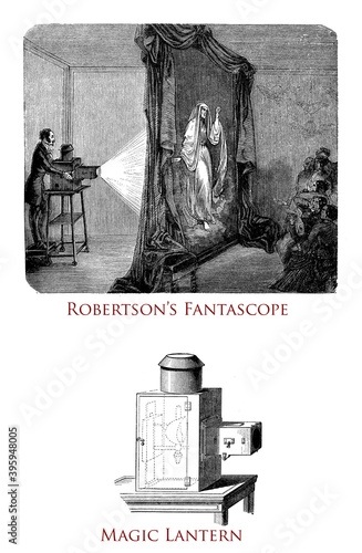 Etienne-Gaspard Robert (1763-1837) physics professor with optics knowledge, assumed the stage name of Robertson for his magic lantern shows called phantasmagoria in Paris