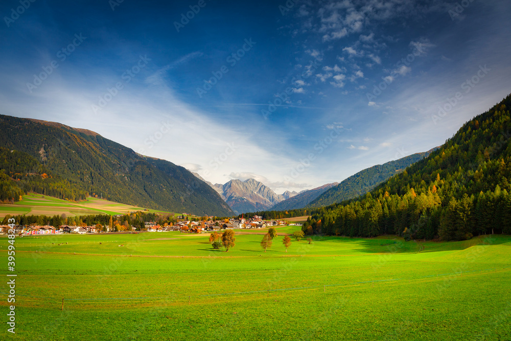 Idyllic scenery of Rasun di Sotto town in South Tyrol at autumn. Italy