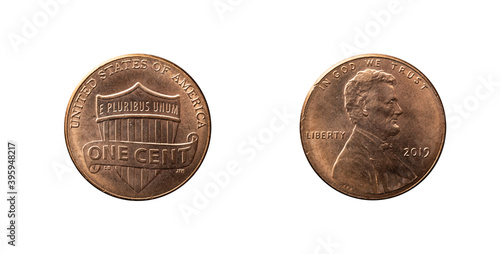 One cent coin from 2019 obverse and reverse. “E Pluribus Unum”  and Lincoln portrait on it. photo