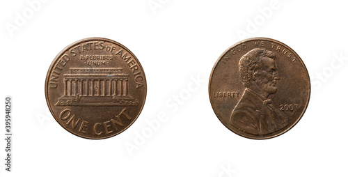 Ruined one cent of Dollar coin from United States of America obverse and reverse, coined in 2007. Portrait of President Lincoln on it.