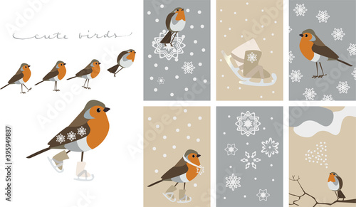 winter set of vector cards. birds on skates and snowflakes on a gray and beige background. Suitable for creating winter, holiday, New Year, Christmas, birthdays  backgrounds, cards, posters
