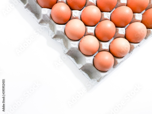 eggs in paper tray isolated on white background close up
