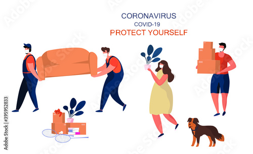 Family Repairing Home during Quarantine.House Renovation.Workers Wear Medical Mask Repairing Room in New Home.Relocation and Moving to New House during Coronavirus Covid 19.Vector Flat Illustration.