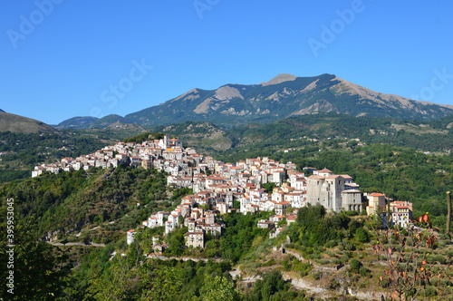 Panoramic view of Rivello, a village in the mountains of the Basilicata region, Italy.