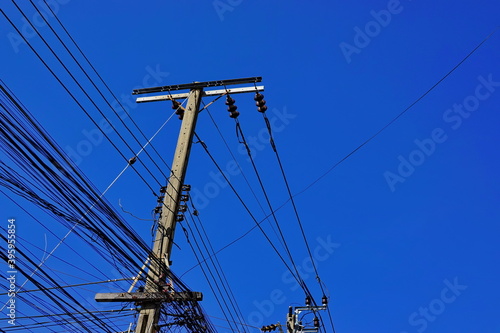 Electric pole urban and busy cable line
