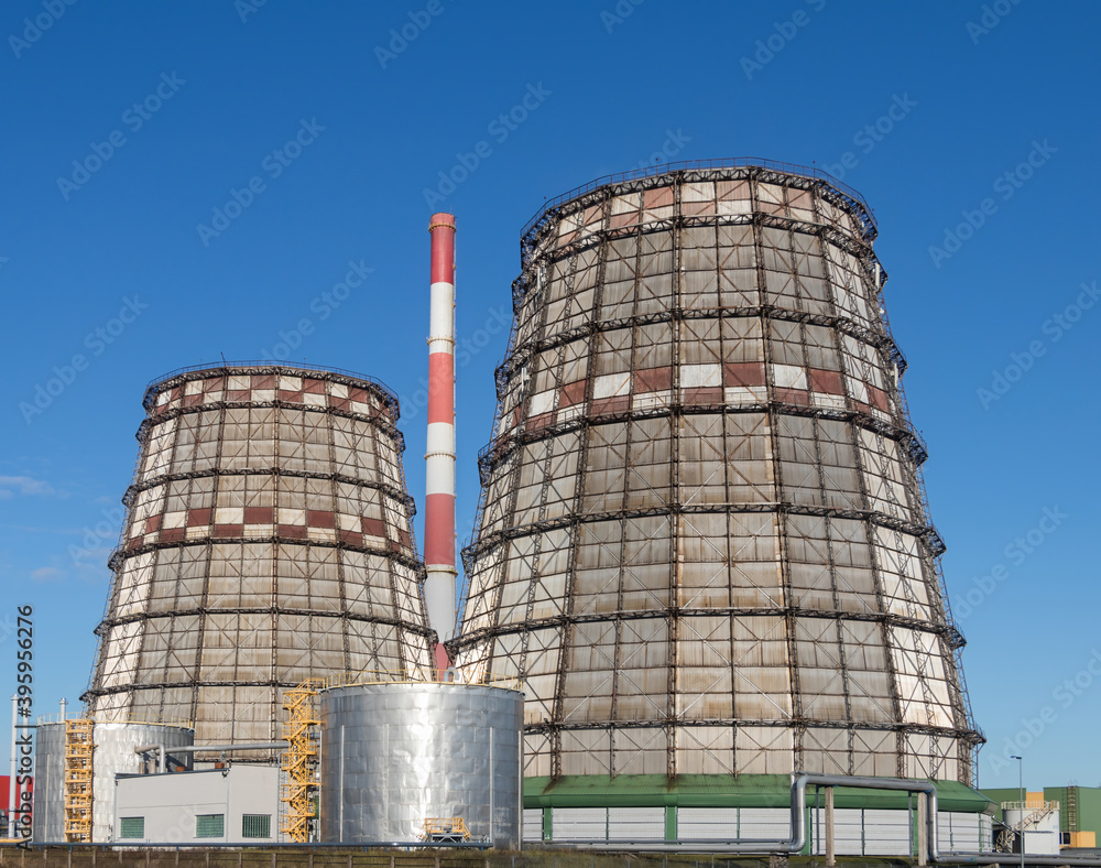 Cooling tower of thermal power plant. Power supply industry.