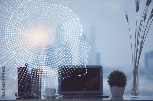 Double exposure of desktop with computer and brain drawing hologram. Artificial intelligence concept.