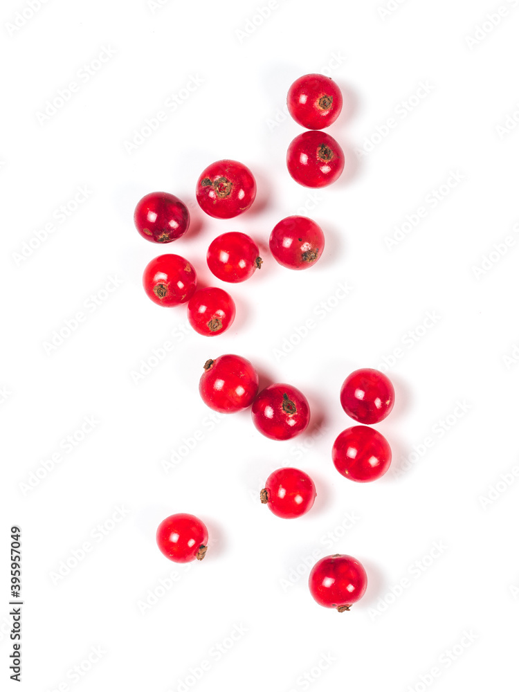 Creative layout of red currant berries. Food and diet concept. Top view of ripe red currant berries with copy space. Isolated on white with clipping path. Vertical. Creative layout of red currant berries. Food and diet concept. Top view of ripe red currant berries with copy space. Isolated on white with clipping path. Vertical.