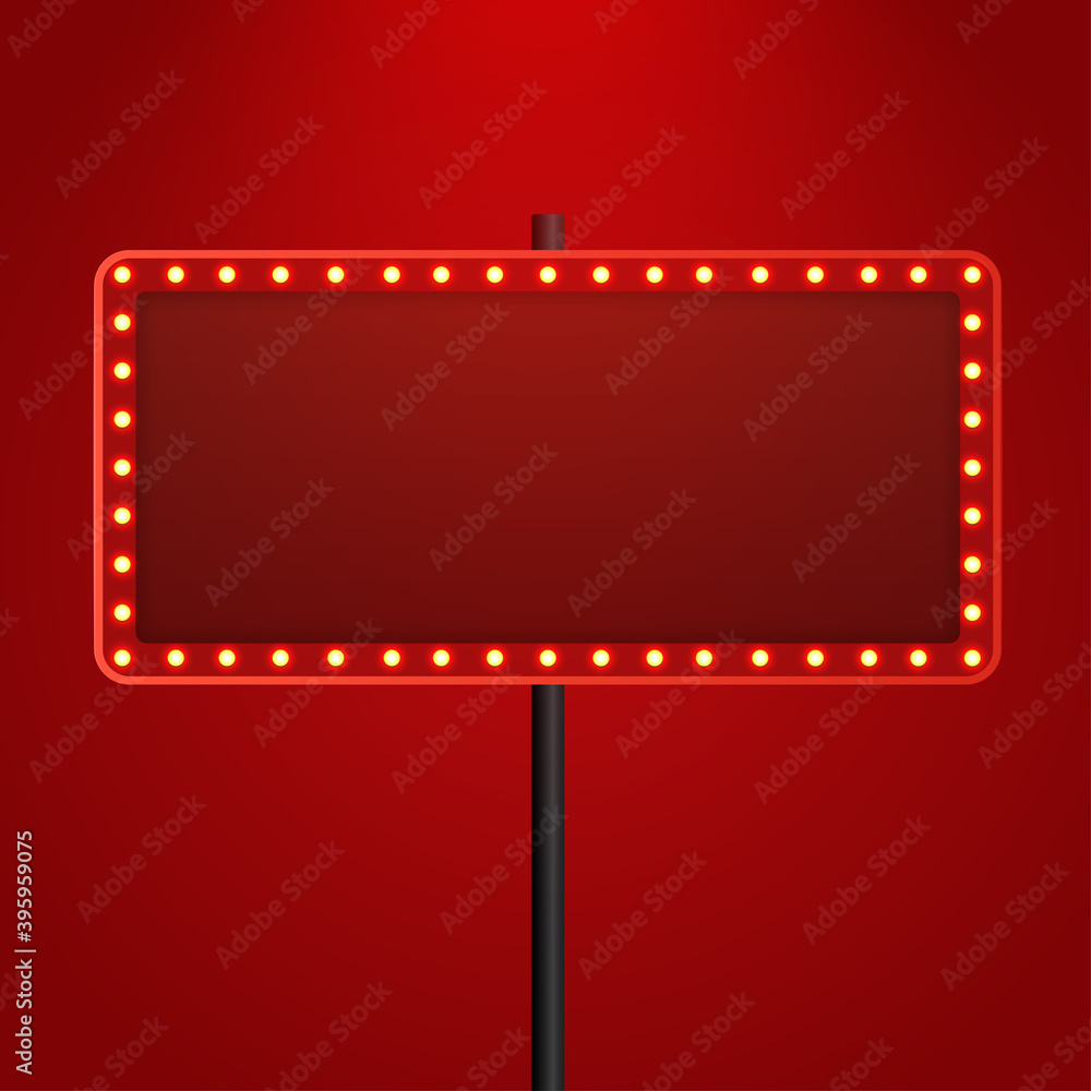 Retro light bulb or light vintage signboard on red background. Vector illustration