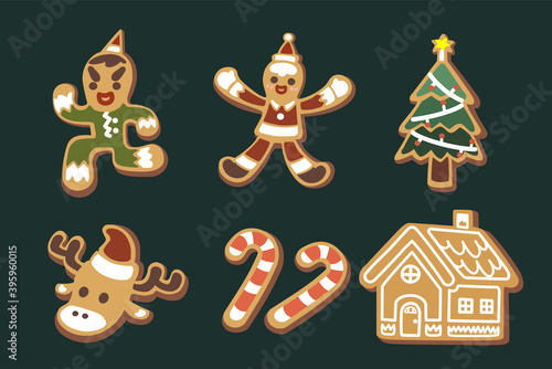 Set of cute elf, gnome, reindeer, santa Claus candy cane, house Christmas tree gingerbread cartoon character flat vector illustration isolated with background. Merry Christmas and Happy New Year