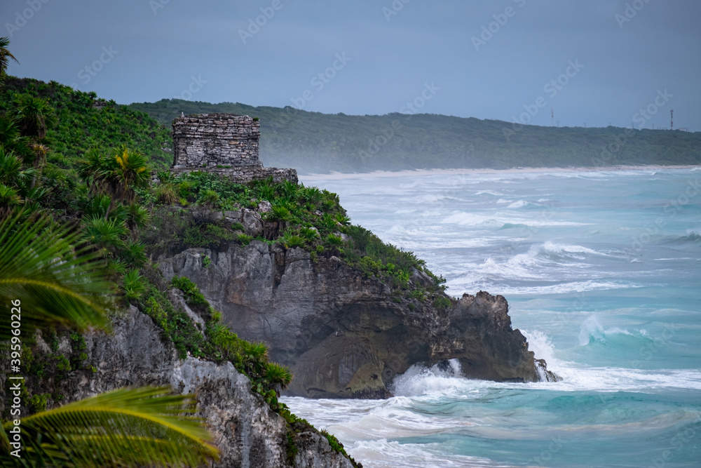 Mayan Ruins Besides Caribbean Sea. Riviera Maya