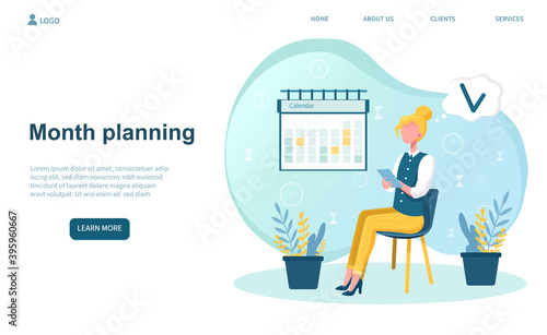 Woman is planning her month. Woman is sitting near large calendar and about to fulfill to-do list with goals. Website, web page, landing page template. Flat cartoon vector illustration
