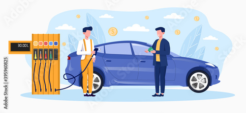 Gas station worker helping to refuel car. Concept of petrol economy. Service filling gas or biodiesel into tank. Flat cartoon vector illustration