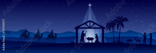 Tablou Canvas Blue Christmas Nativity scene banner background