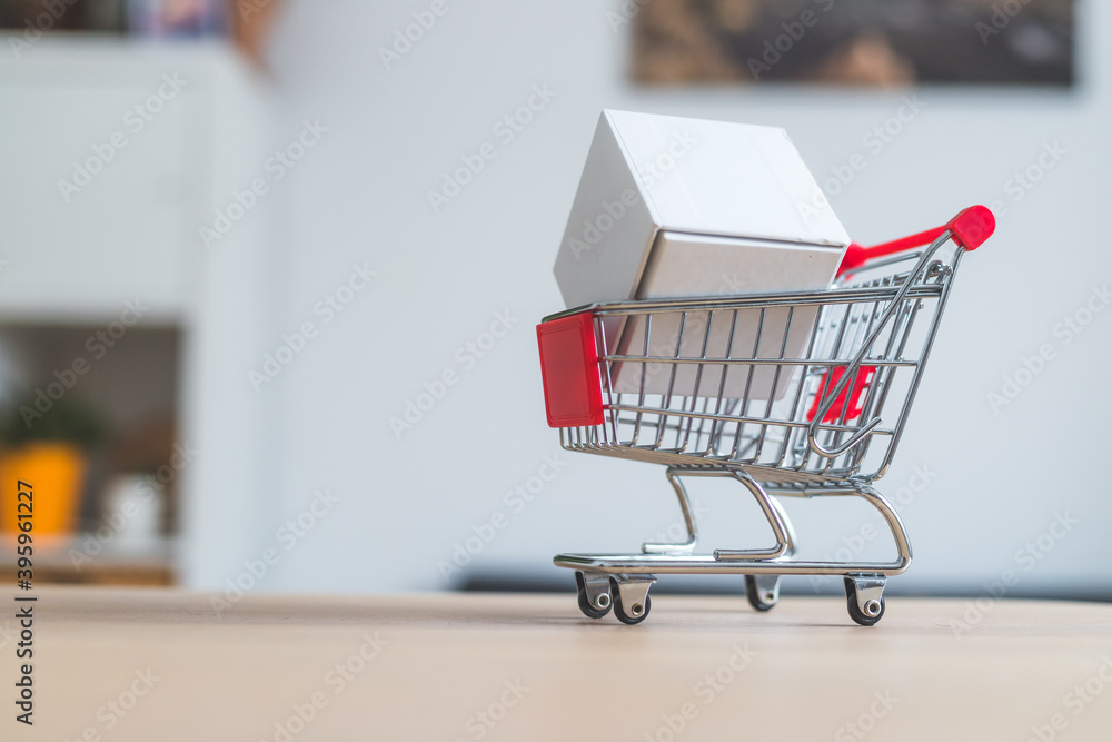 Concept of online shopping: Little shopping cart on white box