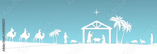 Blue and white Christmas Nativity scene banner background. Vector illustration.