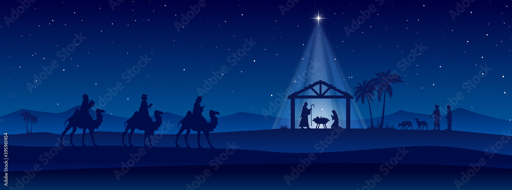 Blue Christmas Nativity scene banner background. Vector illustration. - obrazy, fototapety, plakaty 