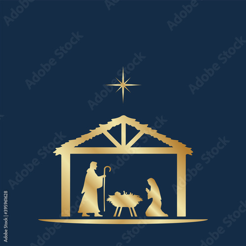 Blue and golden Christmas Nativity scene banner background. Vector illustration.
