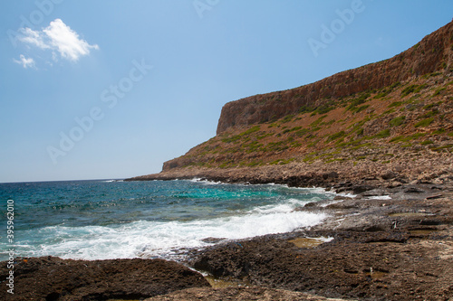  sea ​​shore and waves on the surface and rocks on the shore during the day and clouds in the sky