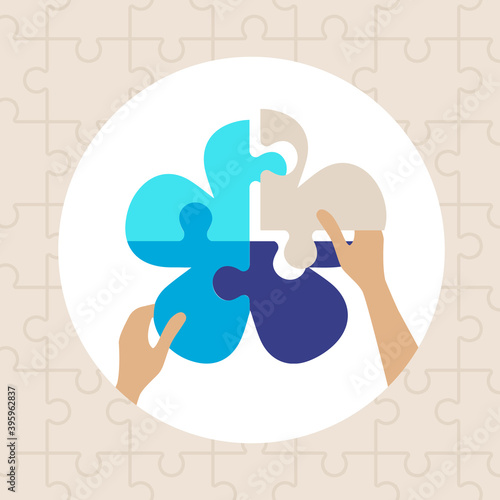 Abstract flower symbol puzzle pieces concept, assembled with hands, vector illustration