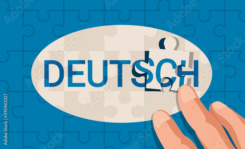 Jigsaw Puzzle concept of German  language, assembled with hands, vector illustration