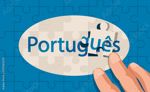 Jigsaw Puzzle concept of Portuguese language, assembled with hands, vector illustration